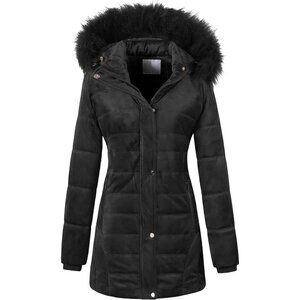 Women's Warm Winter Coat Velvet Puffer Jacket Quilted Faux Fur Hood